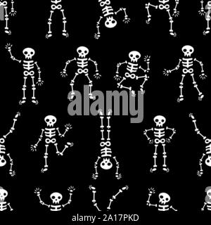 Halloween dancing skeletons seamless pattern. Funny white skeletons on the black background. Happy Halloween. Skeletons dancing at a party. Human skel Stock Vector