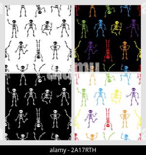 Halloween dancing skeletons seamless pattern. set of Funny colored skeletons on the white background. Happy Halloween. Skeletons dancing at a party. H Stock Vector