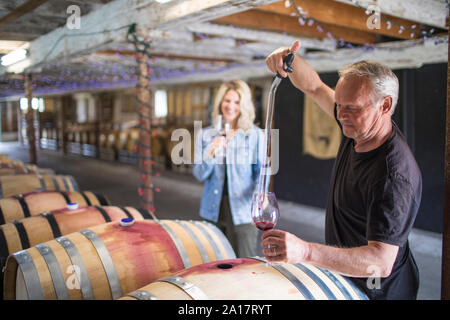 sommelier extracts wine from a barrel during a wine tour. Stock Photo