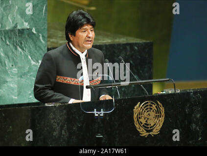 New York, United States. 24th Sep, 2019. Bolivia President Evo Morales speaks at the 74th General Debate at the United Nations General Assembly at United Nations Headquarters in New York City on Tuesday, September 24, 2019. Photo by Monika Graff/UPI Credit: UPI/Alamy Live News Stock Photo