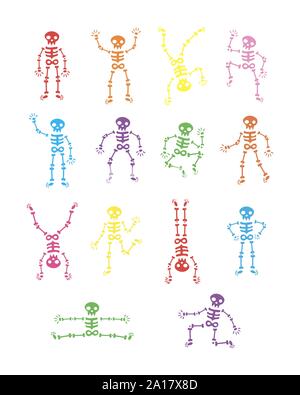 Skeletons dancing. Funny dancing skeleton vector illustration background. running and jumping colored skeletons. the day of the Dead. Happy Halloween. Stock Vector