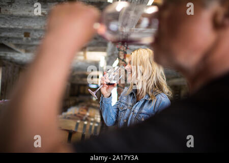 Attractive blonde woman tasting wine from oak barrels. Stock Photo
