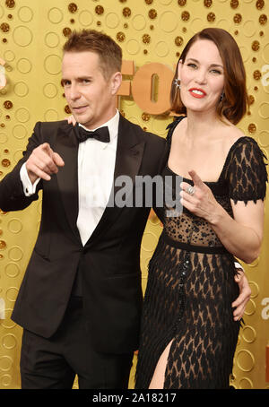 LOS ANGELES, CA - SEPTEMBER 22: Sam Rockwell and Leslie Bibb attend the 71st Emmy Awards at Microsoft Theater on September 22, 2019 in Los Angeles, California. Stock Photo