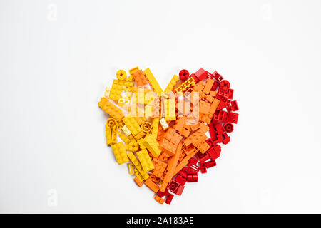 Moscow, The Russia - September 24, 2019: Lego blocks on old wooden table Stock Photo