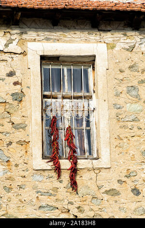 Bunches of red peppers dried in the sun hang in front of the window of old rustical building. Stock Photo