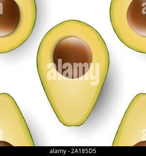 Seamless Pattern with 3d Realistic Cut Half Avocado with Seed Closeup on White Background. Design Template, Food, Health, Diet Concept. Top View Stock Vector