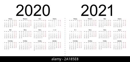 Set of russian 2020, 2021 year vector calendars. Week starts from Monday. Isolated vector illustration on white background. Stock Vector