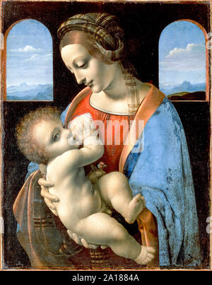 Madonna Litta by Leonardo da Vinci (1452-1519) painted circa 1490 showing the Virgin Mary breastfeeding the infant Christ who holds a goldfinch in his left hand, a symbol of his future Passion. Stock Photo