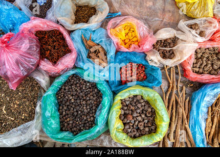 Spices at Sunday market in Bac Ha town, in Lao Cai province, in mountainous northwestern Vietnam. Many ethnic tribes come together here on market day. Stock Photo