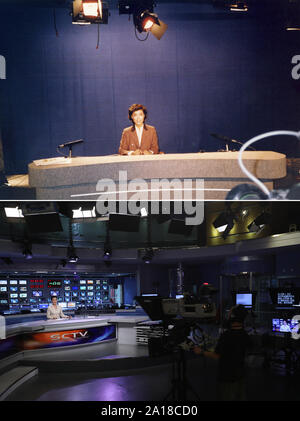 (190925) -- BEIJING, Sept. 25, 2019 (Xinhua) -- Top: File photo taken in 1989 and provided by Zhong Xiaoxia shows TV hostess Zhong broadcasting news at a studio of Sichuan Television in Chengdu, southwest China's Sichuan Province.Bottom: Photo taken on July 16, 2019 by Jiang Hongjing shows Zhong Xiaoxia broadcasting news at a studio of Sichuan Radio and Television in Chengdu. In 1949 when the People's Republic of China was founded, the Chinese people faced a devastated country that needed to be rebuilt from scratch after decades of warfare and chaos. After decades of unremitting endeavors a Stock Photo