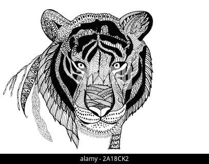 Tiger painted pen in zentangle technic. Handmade illustration with animal Stock Photo