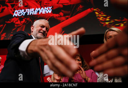 Brighton. 24th Sep, 2019. British Labour Party Leader Jeremy Corbyn is greeted after his keynote speech during the Labour Party Annual Conference 2019 in Brighton, Britain on Sept. 24, 2019. Credit: Han Yan/Xinhua/Alamy Live News Stock Photo