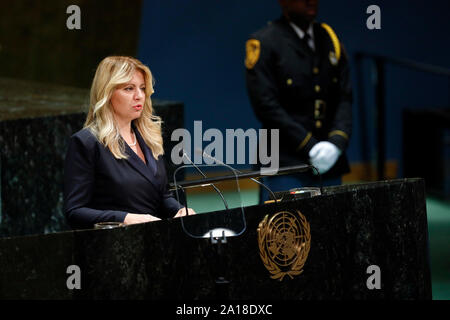 United Nations, New York, USA. 24th Sep, 2019. Slovak President Zuzana Caputova addresses the General Debate of the 74th session of the UN General Assembly at the UN headquarters in New York, Sept. 24, 2019. World leaders attending the ongoing General Debate of the 74th session of the United Nations General Assembly (UNGA 74) on Tuesday voiced strong support for multilateralism and called for international cooperation to tackle common threats and challenges together. Credit: Li Muzi/Xinhua/Alamy Live News Stock Photo