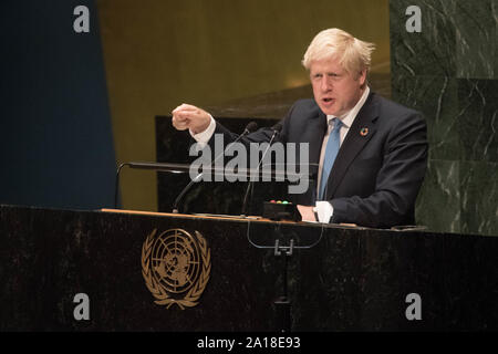 Prime Minister Boris Johnson speaks to the 74th Session of the UN General Assembly, at the United Nations Headquarters in New York, USA. PA Photo. Picture date: Tuesday September 24, 2019. Mr Johnson will return to the UK Wednesday following the decision at the Supreme Court ruled that his advice to the Queen to suspend Parliament for five weeks was unlawful. See PA story POLITICS UN. Photo credit should read: Stefan Rousseau/PA Wire Stock Photo