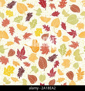 Various autumn leaves and hand drawn dots endless pattern. Vector seamless pattern for textile, wrapping paper, decoration, etc. Stock Vector