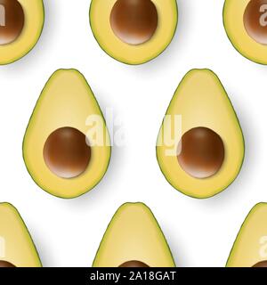 Seamless Pattern with 3d Realistic Cut Half Avocado with Seed Closeup on White Background. Design Template, Food, Health, Diet Concept. Top View Stock Vector