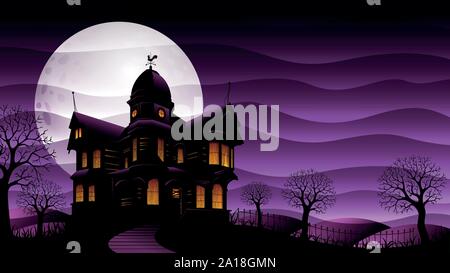 Old haunted house with yellow lights on surrounded by silhouettes of trees with big white moon behind over purple sky with fog shaped waves background Stock Vector