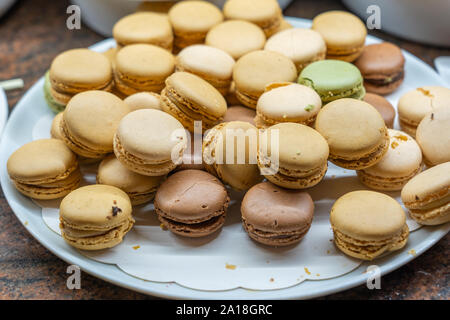 Close up photo of colorful and delicious macaron cakes Stock Photo
