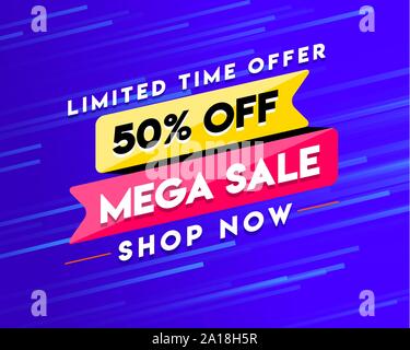 Limited Time Offer banner with 50% off Mega Sale Shop Now Logo, Icon, Sticker, Concept, Greeting, Poster, Unit Mnemonic on blue motion background. Stock Vector