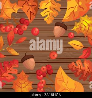 background wooden with autumn leafs and fruits Stock Vector