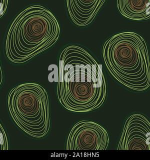 Seamless vector pattern with embroidered avocado halves on a dark background Stock Vector