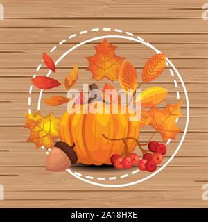 background wooden with autumn leafs and fruits Stock Vector