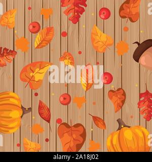 background wooden with autumn leafs and fruits Stock Vector