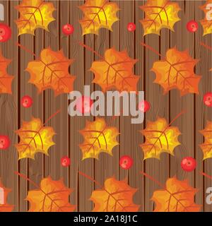 background wooden with autumn leafs and fruits Stock Vector