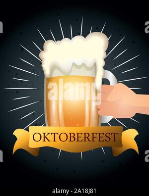 oktoberfest poster and hand with jar beer Stock Vector