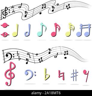 Music note on white background. Multicolor flat symbol set. Concept of Lover music. Stock Vector