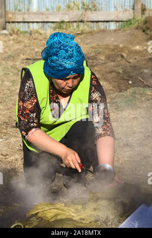 ACHAO, CHILE - FEBRUARY 6, 2016: Unidentified woman uncovering the traditional Chilotan dish Curanto al hoyo at the Muestras Gastronomicas 2016 Stock Photo