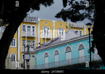 Old buildings facade next to the well known Santa Ana Park and the Peatonal, an emergent zone near to Casco Antiguo in Panama City Stock Photo