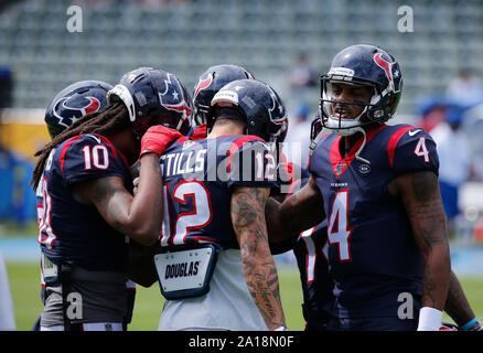 September 22, 2019 Houston Texans quarterback Deshaun Watson (4) warms up before the NFL game between the Los Angeles Chargers and the Houston Texans at Dignity Health Sports Park in Carson, California. Charles Baus/CSM. Stock Photo