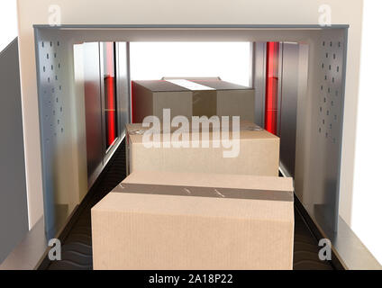 A cardboard box being examined by red lights while going through a baggage scanner on an isolated background - 3D render Stock Photo