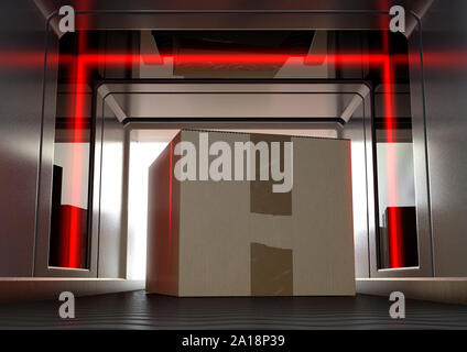 A cardboard box being examined by red lights while going through a baggage scanner on an isolated background - 3D render Stock Photo