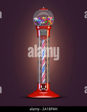 A red vintage gumball dispensing machine filled with multicolored gumballs on an isolated dark background - 3D render