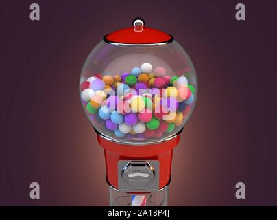 A red vintage gumball dispensing machine filled with multicolored gumballs on an isolated dark background - 3D render