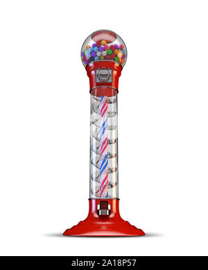 A red vintage gumball dispensing machine filled with multicolored gumballs on an isolated white background - 3D render