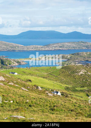 A panoramic view from Com an Chiste Pass, Ring of Kerry, Iveragh Peninsula, County Kerry, Ireland, Europe. Stock Photo