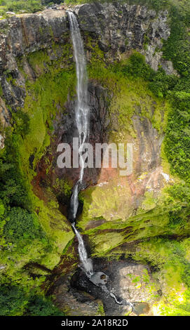 Aerial top view perspective of 500 feet waterfall in Black river gorges national park on Mauritius island. Stock Photo