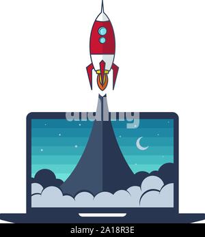 notebook laptop boost start up space rocket shuttle theme vector Stock Vector