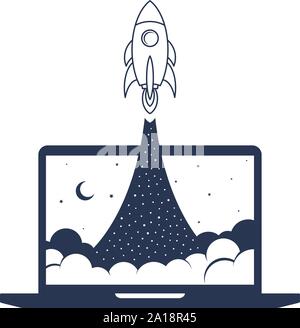 notebook laptop boost start up space rocket shuttle theme vector Stock Vector