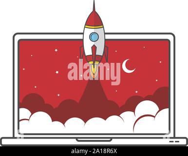 notebook laptop boost start up space rocket shuttle theme vector Stock Vector