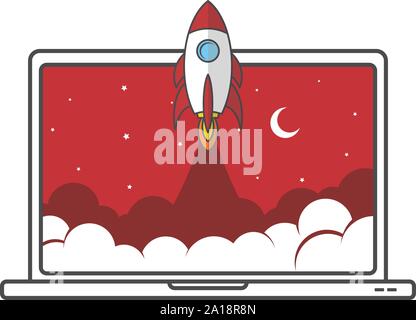 notebook laptop boost start up space rocket shuttle theme vector Stock Vector