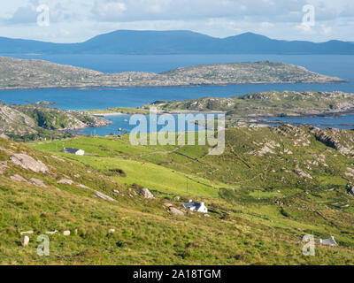 A panoramic view from Com an Chiste Pass, Ring of Kerry, Iveragh Peninsula, County Kerry, Ireland, Europe. Stock Photo