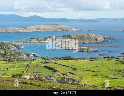 A panoramic view from Com an Chiste Pass, Ring of Kerry, Iveragh Peninsula, County Kerry, Ireland, Europe. Stock Photo