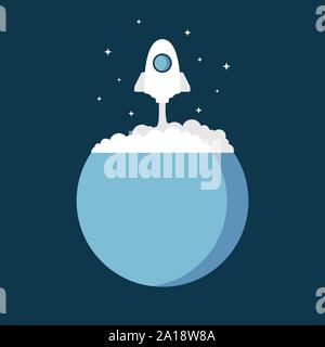 Rockets are flying out of the world into space. Business startup concept. White spaceship in a flat style, vector illustration