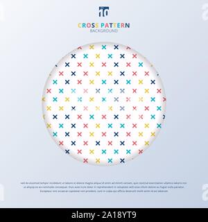 Abstract cross pattern colorful on white background with circle frame. Geometric memphis plus signs. Vector illustration Stock Vector