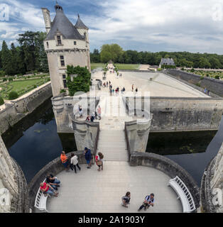 Europe France Chenonceaux : 2019-07  Entrance to the castle of Chenonceau showing it’s motte filled with water. Stock Photo