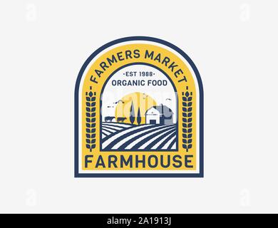 Farm House logo isolated on white background. Vector emblem with farmhouse, cows and fields for natural farm products, organic food, farmers market. Stock Vector